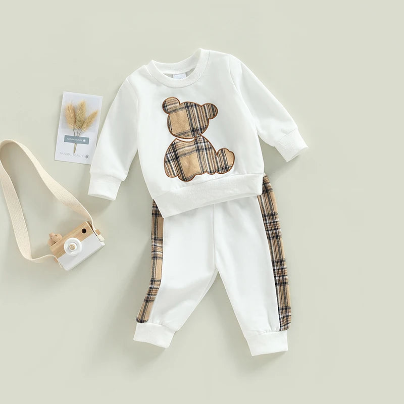 Baby 2Pcs Fall Outfits,Plaid Bear Pattern Pullover Tops and Pants Set