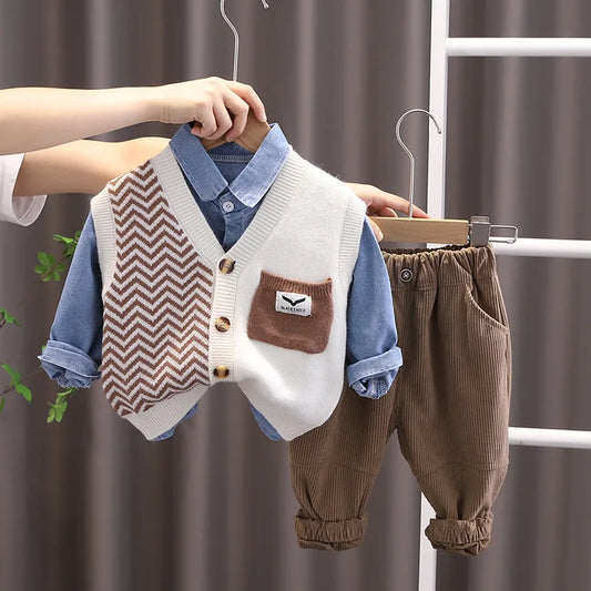 Baby Boy Clothes ,Knitted Sleeveless Vest + Denim Shirts + Pants 3PCS