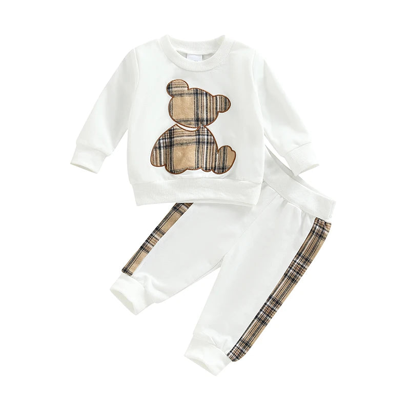 Baby 2Pcs Fall Outfits,Plaid Bear Pattern Pullover Tops and Pants Set